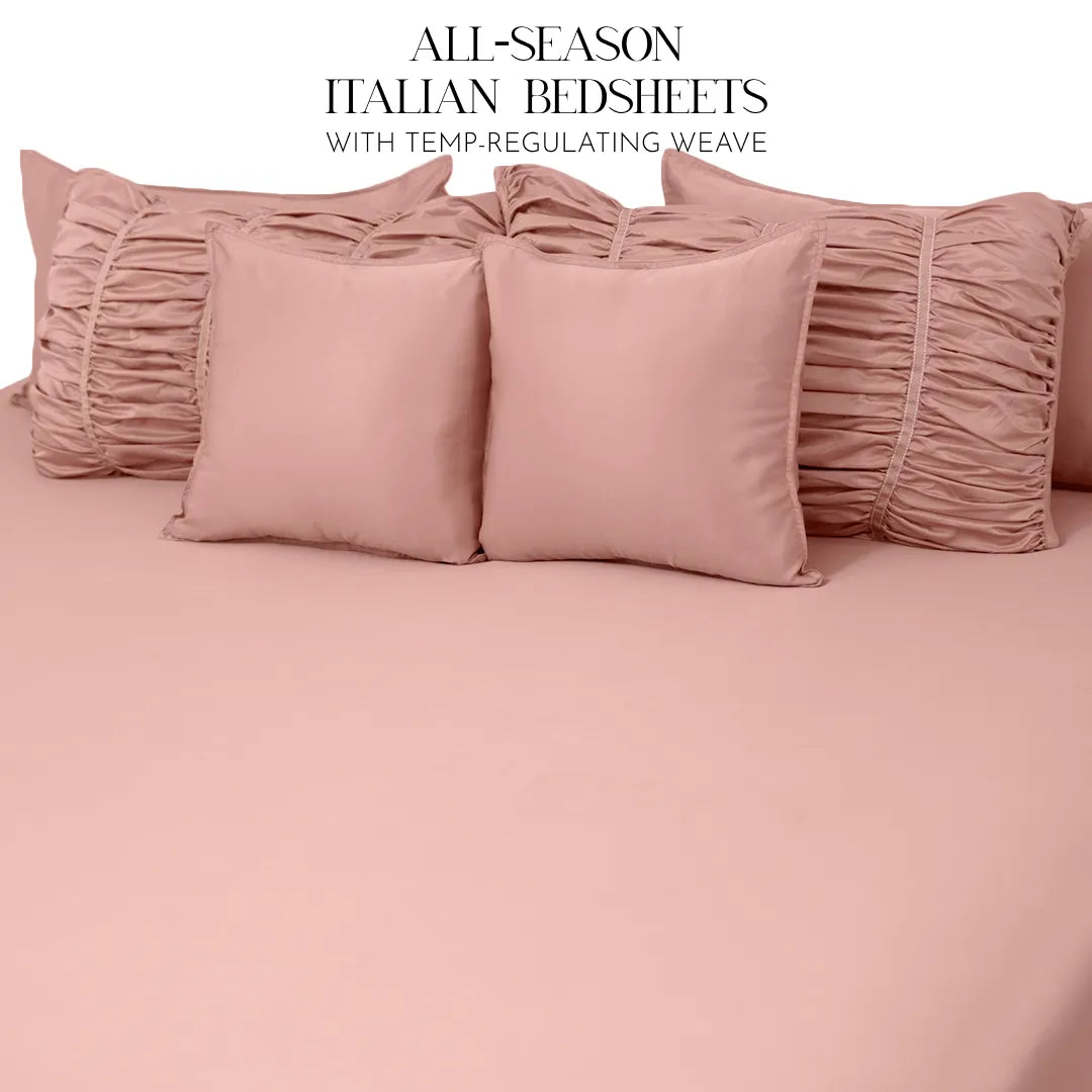 ZARF Italian Staple Weave Bedsheet For Single Size Bed With 2 Designer Pillow Cases, 2 Solid Pillowcases & 2 Cushion Covers - Orchid