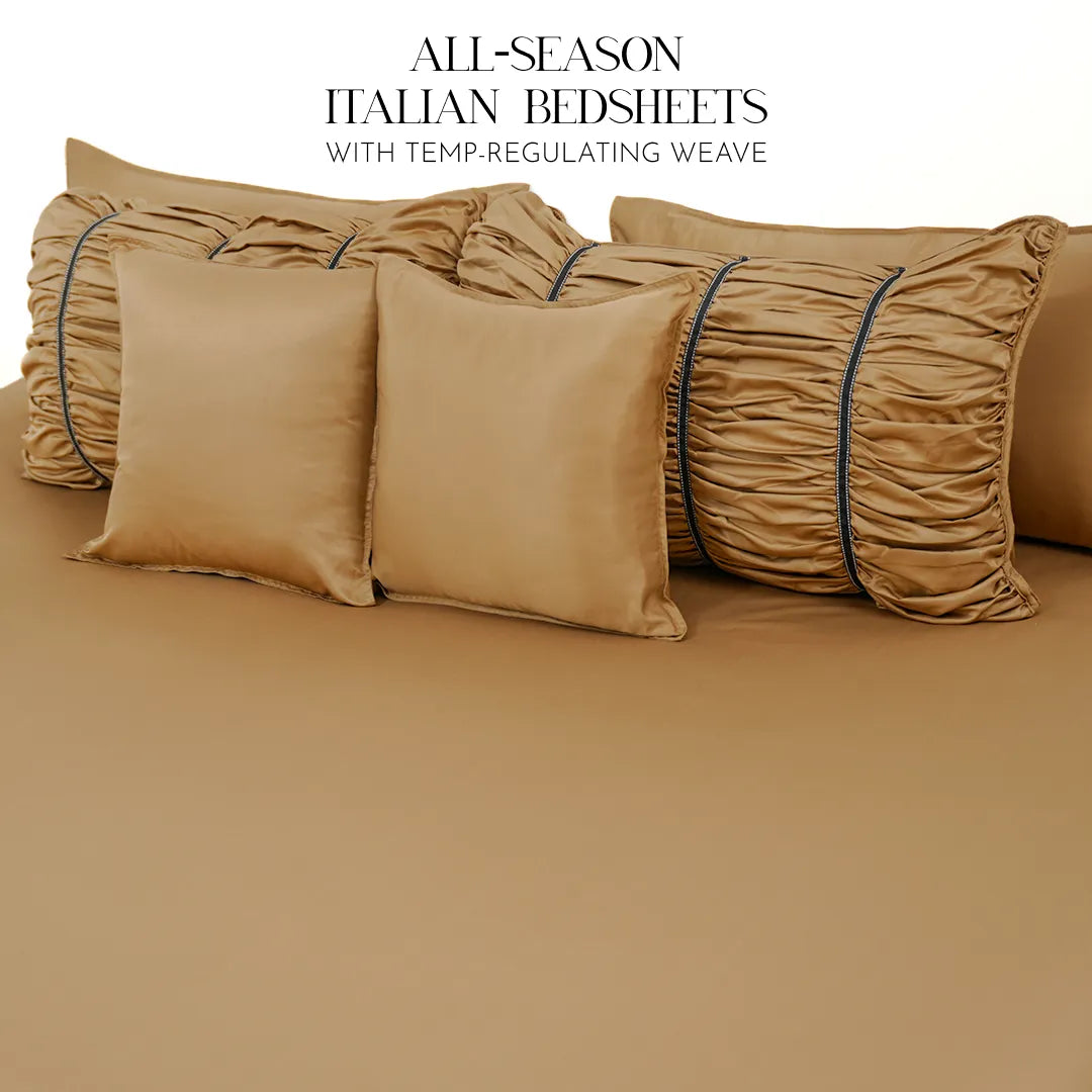 ZARF Italian Staple Weave Bedsheet For Single Size Bed With 2 Designer Pillow Cases, 2 Solid Pillowcases & 2 Cushion Covers - Butterscotch