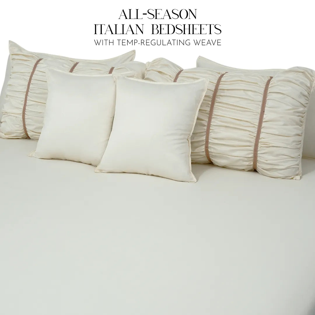 ZARF Italian Staple Weave Bedsheet For Single Size Bed With 2 Designer Pillow Cases, 2 Solid Pillowcases & 2 Cushion Covers - Porcelain