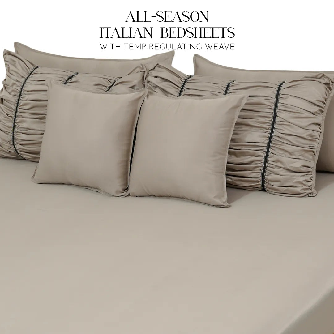 ZARF Italian Staple Weave Bedsheet For Single Size Bed With 2 Designer Pillow Cases, 2 Solid Pillowcases & 2 Cushion Covers - Marbelle