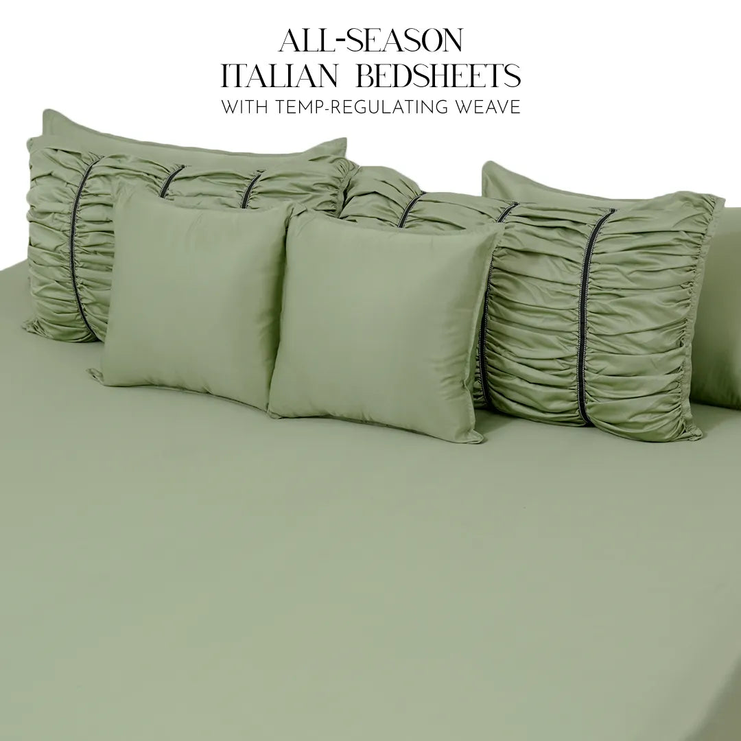 ZARF Italian Staple Weave Bedsheet For Single Size Bed With 2 Designer Pillow Cases, 2 Solid Pillowcases & 2 Cushion Covers - Pine