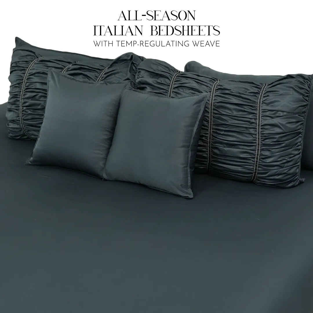 ZARF Italian Staple Weave Bedsheet With 2 Designer Pillow Cases, 2 Solid Pillowcases & 2 Cushion Covers - Cinder