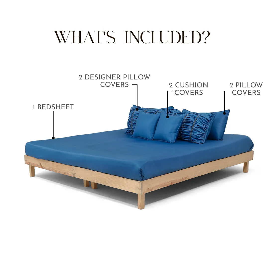 ZARF Italian Staple Weave Bedsheet For Single Size Bed With 2 Designer Pillow Cases, 2 Solid Pillowcases & 2 Cushion Covers - Indigo