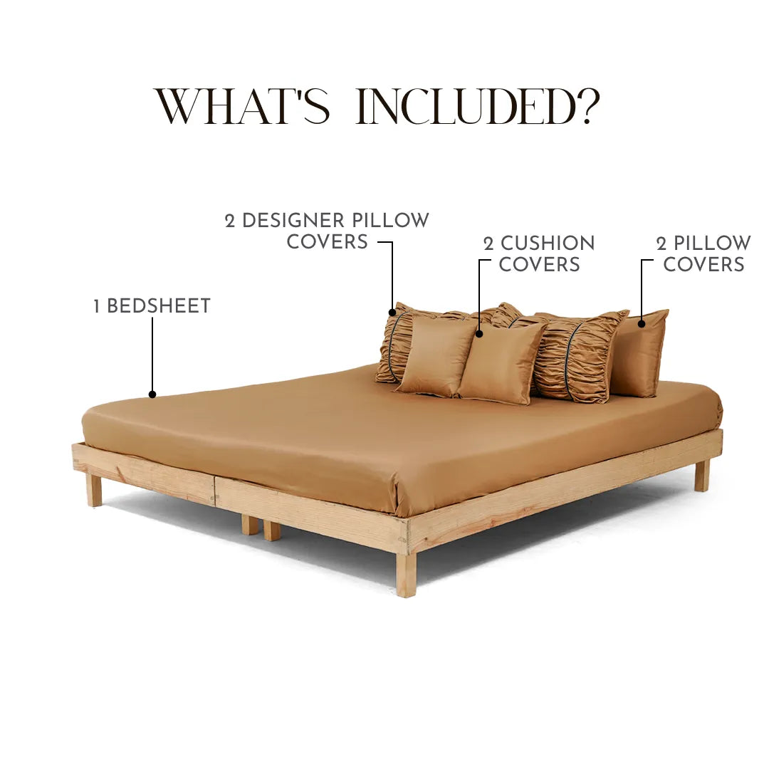 ZARF Italian Staple Weave Bedsheet For Single Size Bed With 2 Designer Pillow Cases, 2 Solid Pillowcases & 2 Cushion Covers - Butterscotch