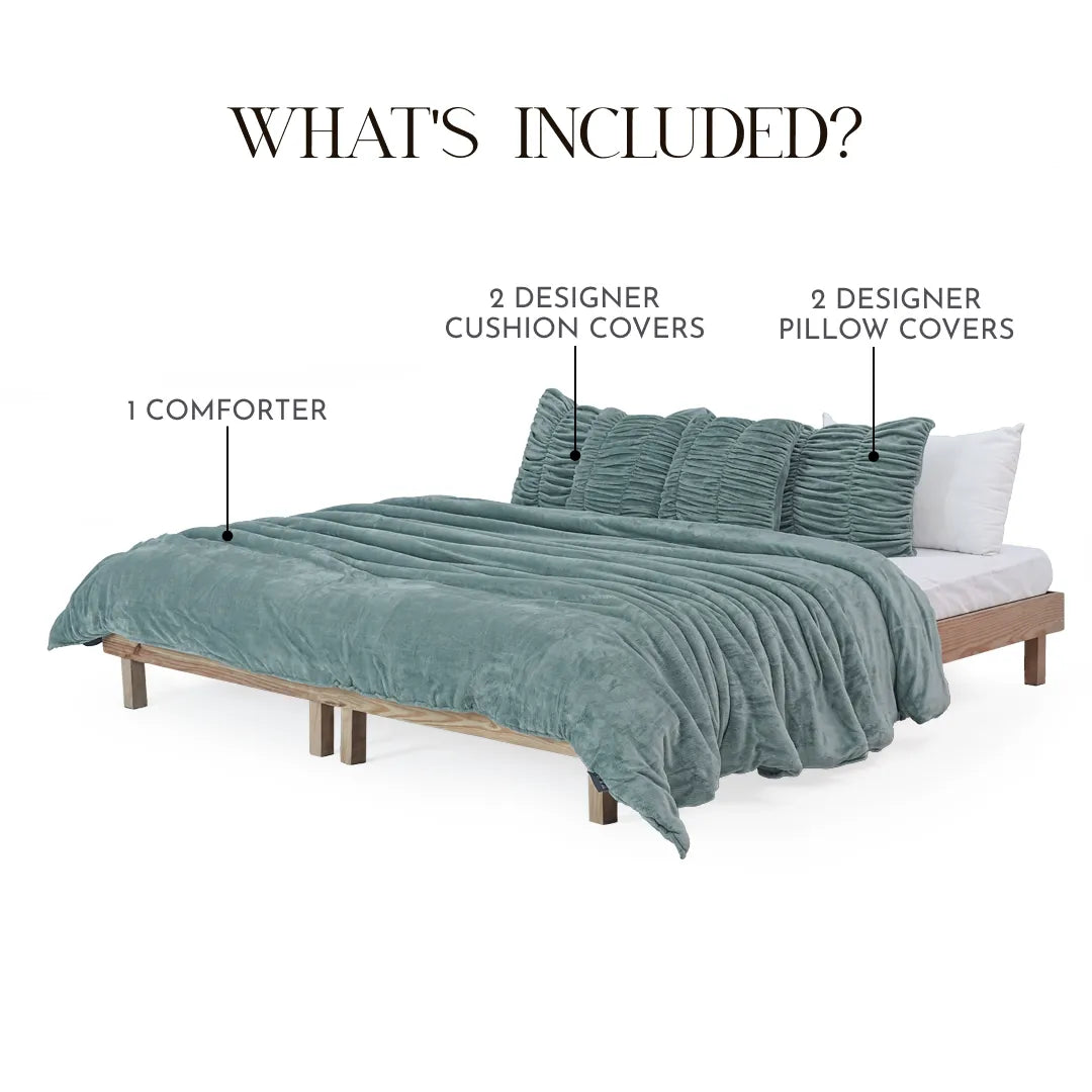 Zarf Boutique Comforter Set For Single Bed With 2 Designer Pillowcases & 2 Designer Cushion Covers - Boutique Sage