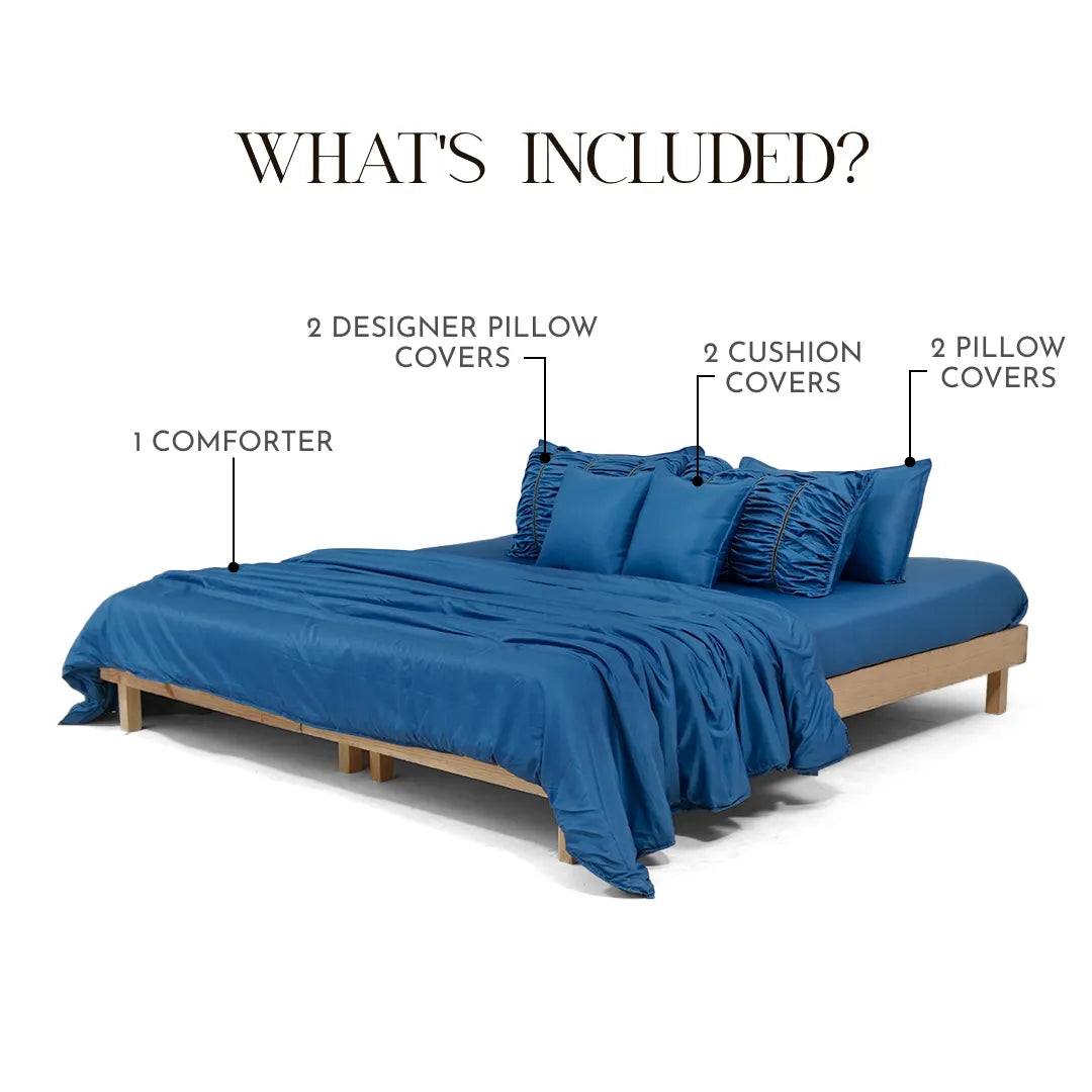 ZARF Italian Staple Weave Comforter For Single Size Bed With 2 Designer Pillow Cases, 2 Solid Pillowcases & 2 Cushion Covers - Indigo