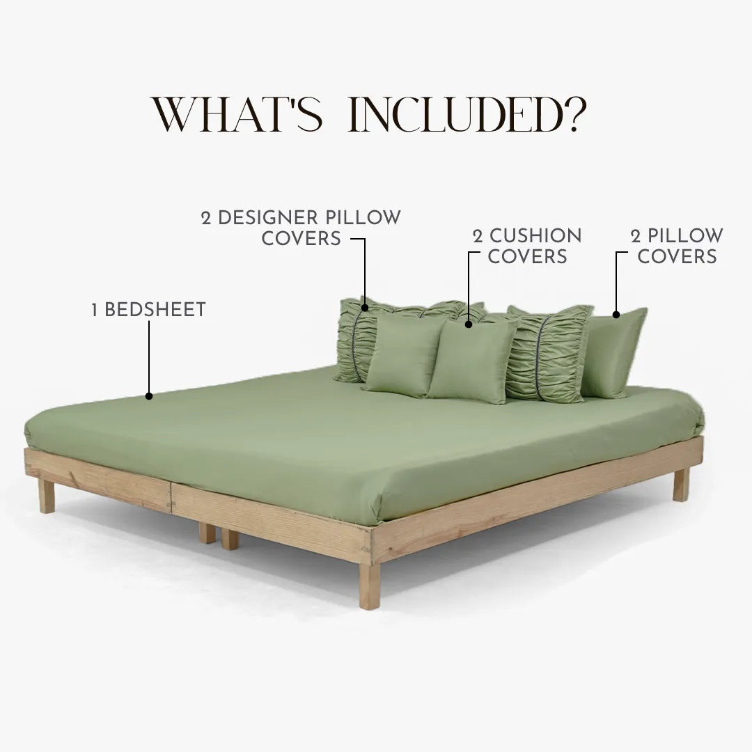 ZARF Italian Staple Weave Bedsheet For Single Size Bed With 2 Designer Pillow Cases, 2 Solid Pillowcases & 2 Cushion Covers - Pine