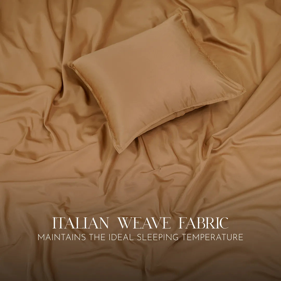 ZARF Italian Staple Weave Bedsheet For Single Size Bed With 2 Designer Pillow Cases, 2 Solid Pillowcases & 2 Cushion Covers - Butterscotch