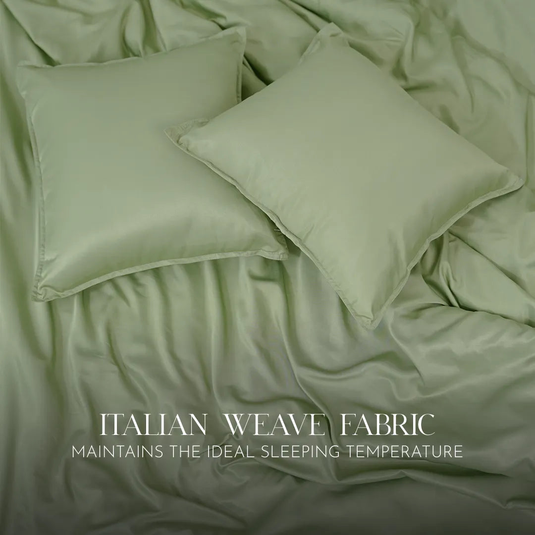 ZARF Italian Staple Weave Bedsheet For Single Size Bed With 2 Designer Pillow Cases, 2 Solid Pillowcases & 2 Cushion Covers - Pine