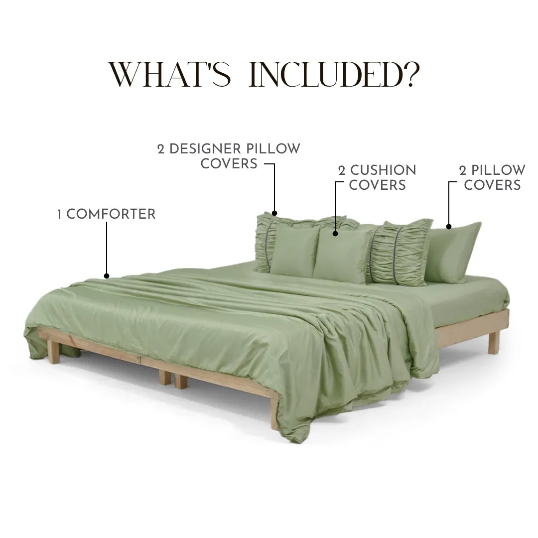 ZARF Italian Staple Weave Comforter For Single Size Bed With 2 Designer Pillow Cases, 2 Solid Pillowcases & 2 Cushion Covers - Pine