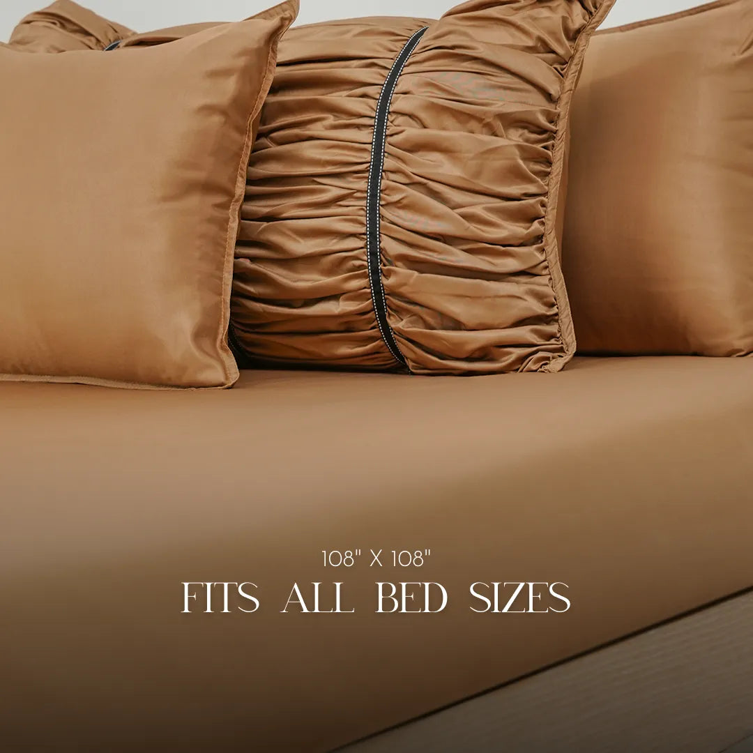 ZARF Italian Staple Weave Bedsheet With 2 Designer Pillow Cases, 2 Solid Pillowcases & 2 Cushion Covers - Butterscotch