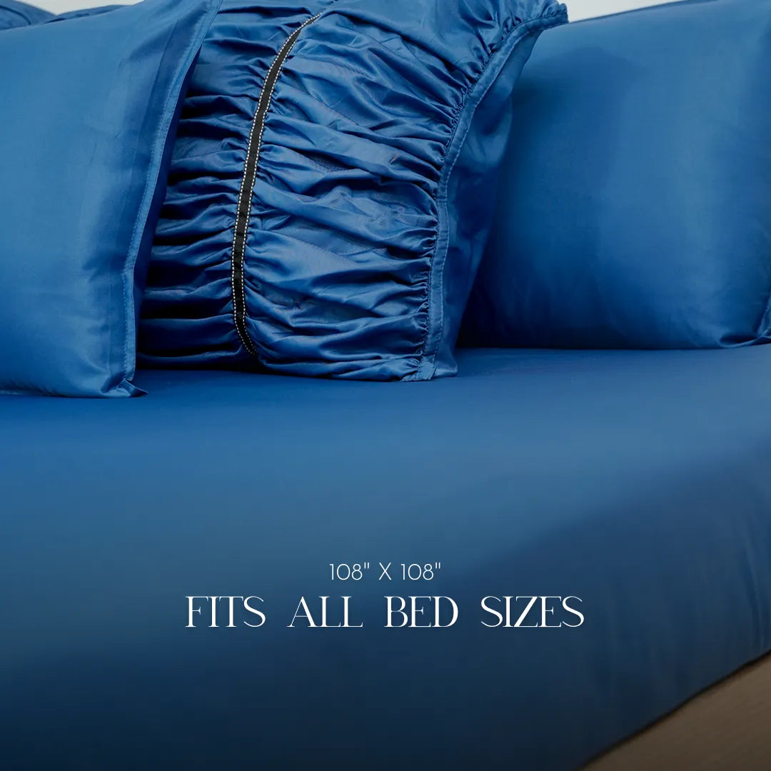 ZARF Italian Staple Weave Bedsheet With 2 Designer Pillow Cases, 2 Solid Pillowcases & 2 Cushion Covers - Indigo