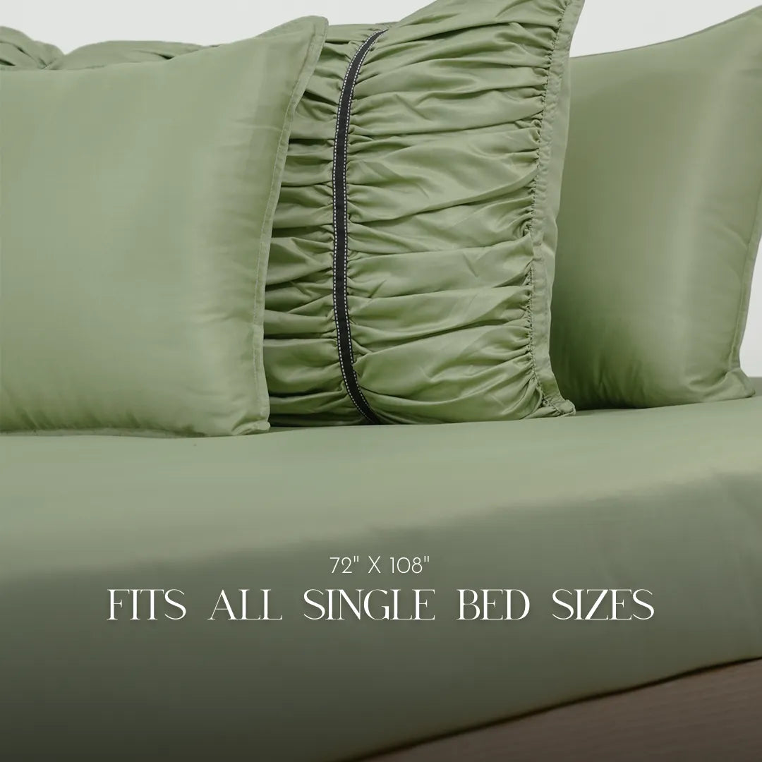 ZARF Italian Staple Weave Bedsheet For Single Size Bed With 2 Designer Pillow Cases, 2 Solid Pillowcases & 2 Cushion Covers - Pine