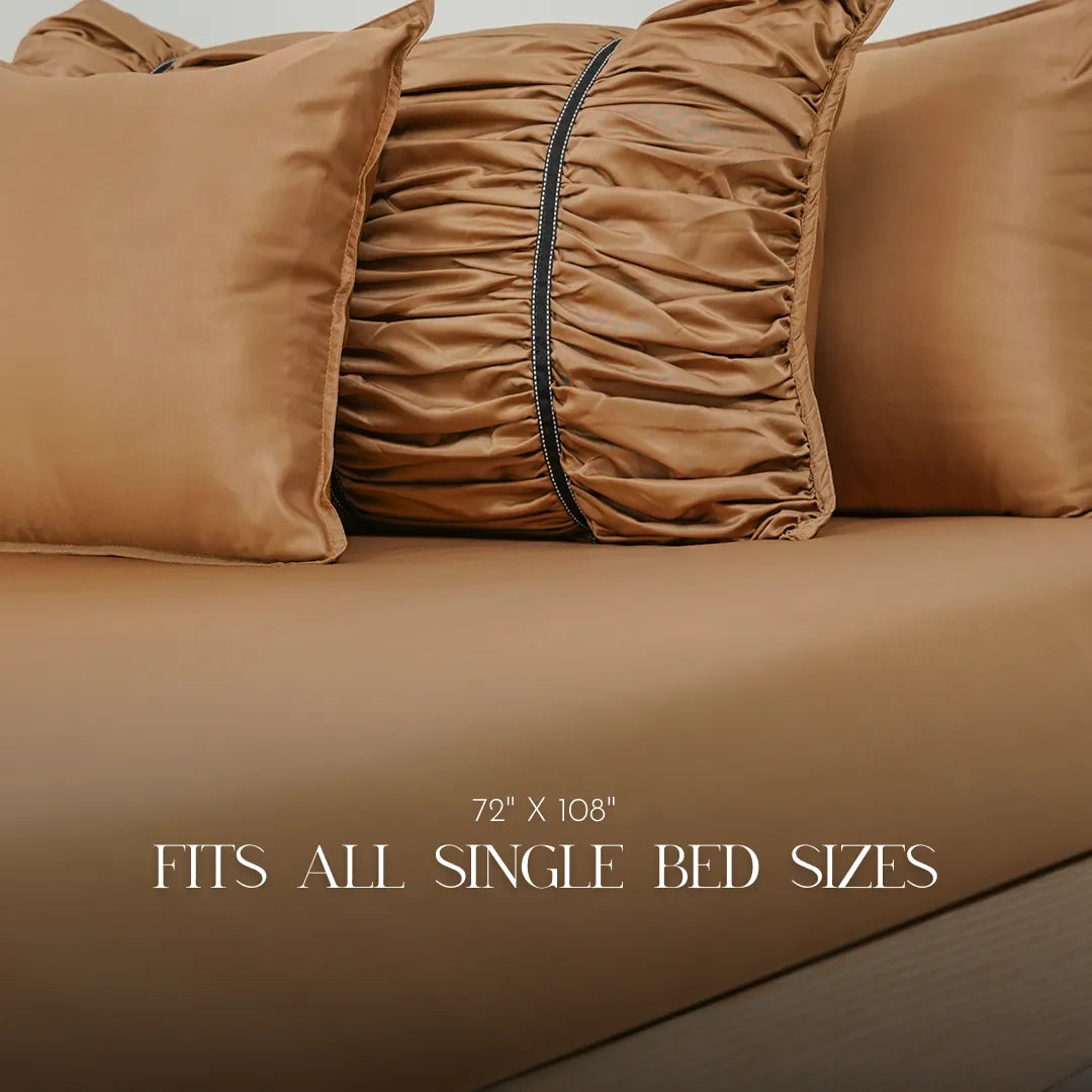 ZARF Italian Staple Weave Bedsheet For Single Size Bed With 2 Designer Pillow Cases, 2 Solid Pillowcases & 2 Cushion Covers - Butterscotch