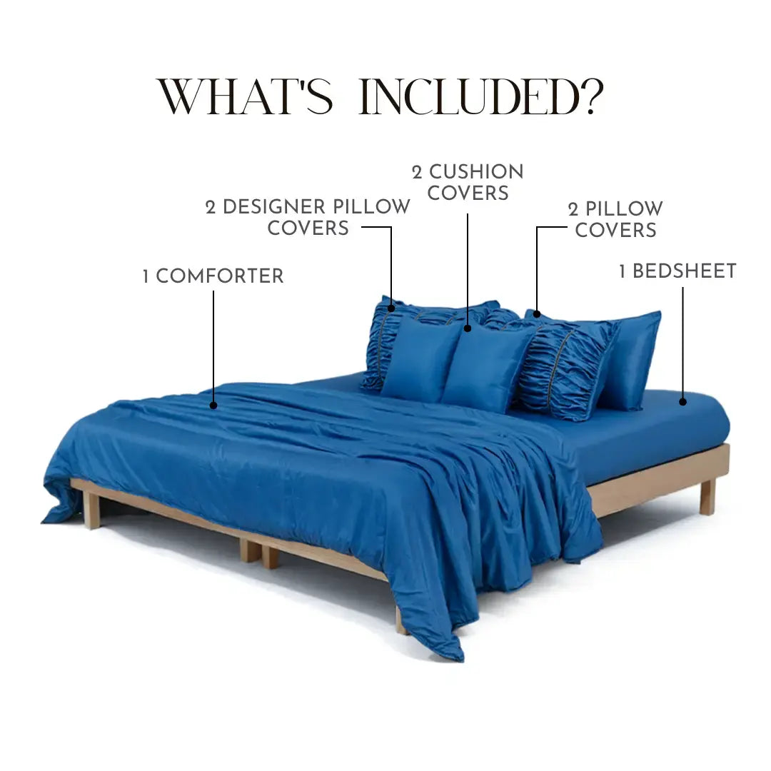 Zarf Italian Staple Weave Bedding Set Of 8 For Single Size Bed - Indigo