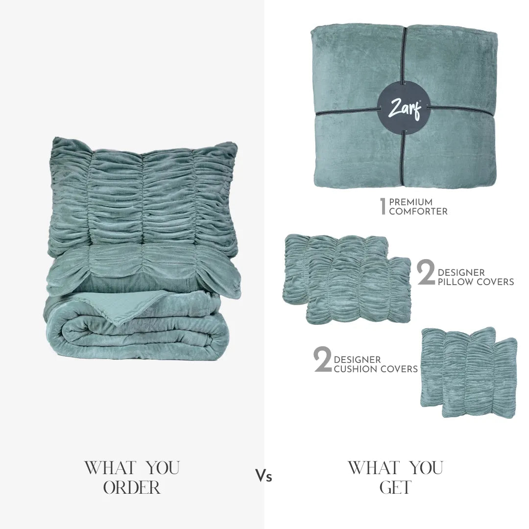 Zarf Boutique Comforter Set For Single Bed With 2 Designer Pillowcases & 2 Designer Cushion Covers - Boutique Sage
