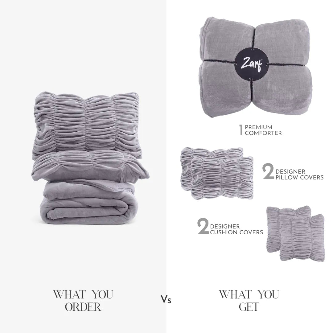 Zarf Boutique Comforter Set For Single Bed With 2 Designer Pillowcases & 2 Designer Cushion Covers - Boutique Shadow