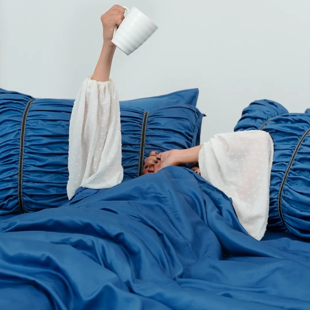 Zarf Italian Staple Weave Bedding Set Of 8 For Single Size Bed - Indigo