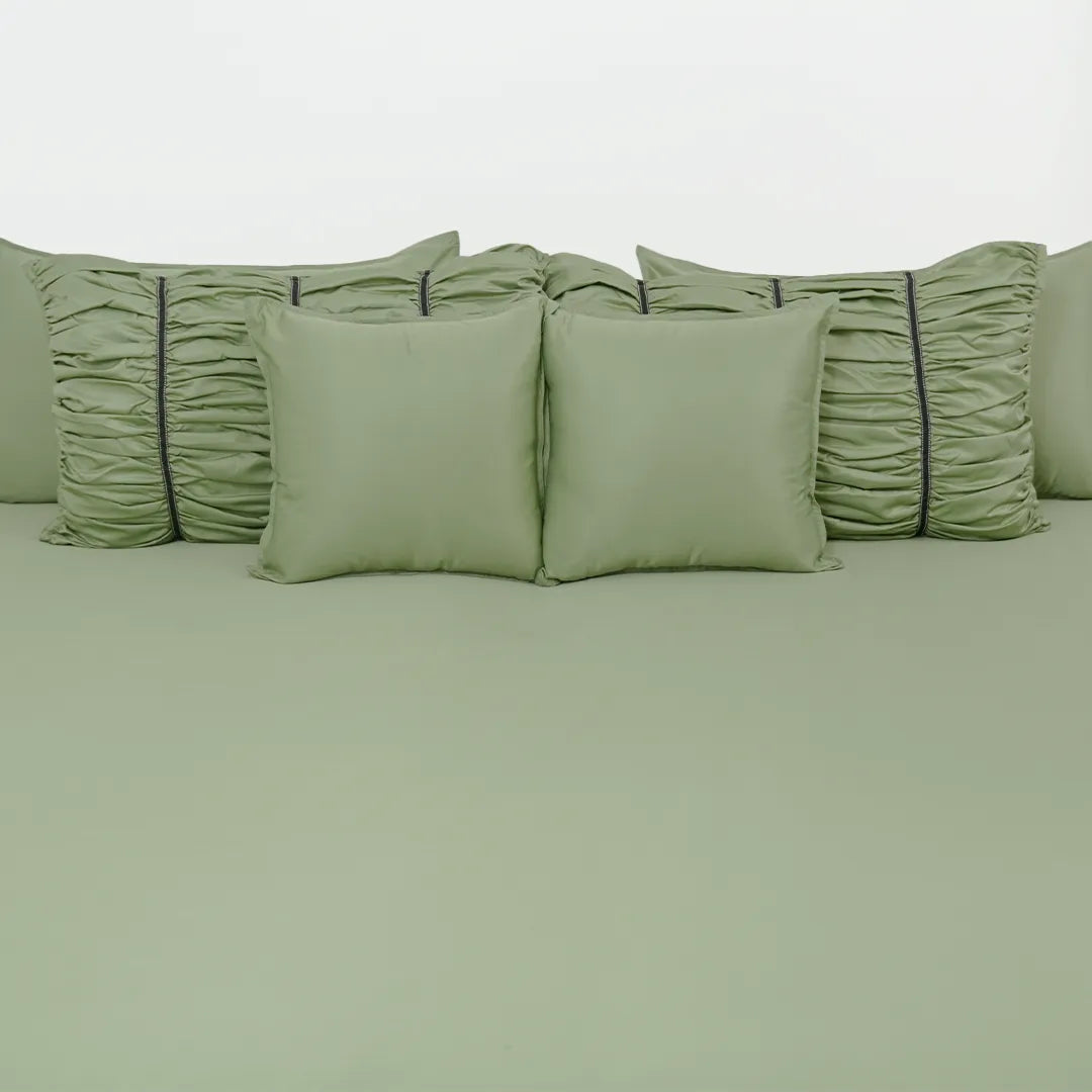 ZARF Italian Staple Weave Bedsheet For Single Size Bed With 2 Designer Pillow Cases, 2 Solid Pillowcases & 2 Cushion Covers - Pine