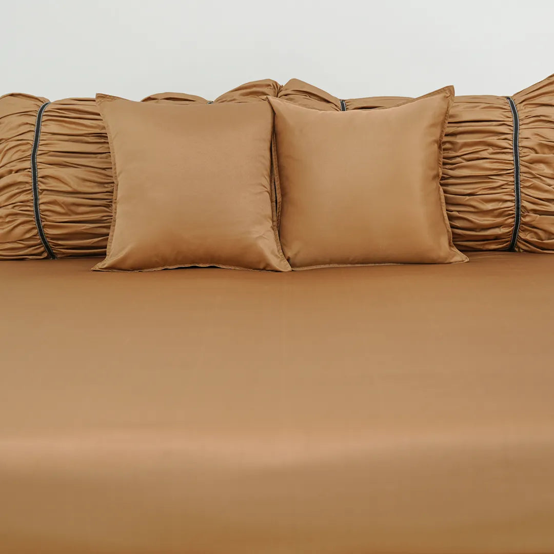 ZARF Italian Staple Weave Bedsheet For Single Size Bed With 2 Designer Pillow Cases, 2 Solid Pillowcases & 2 Cushion Covers - Butterscotch