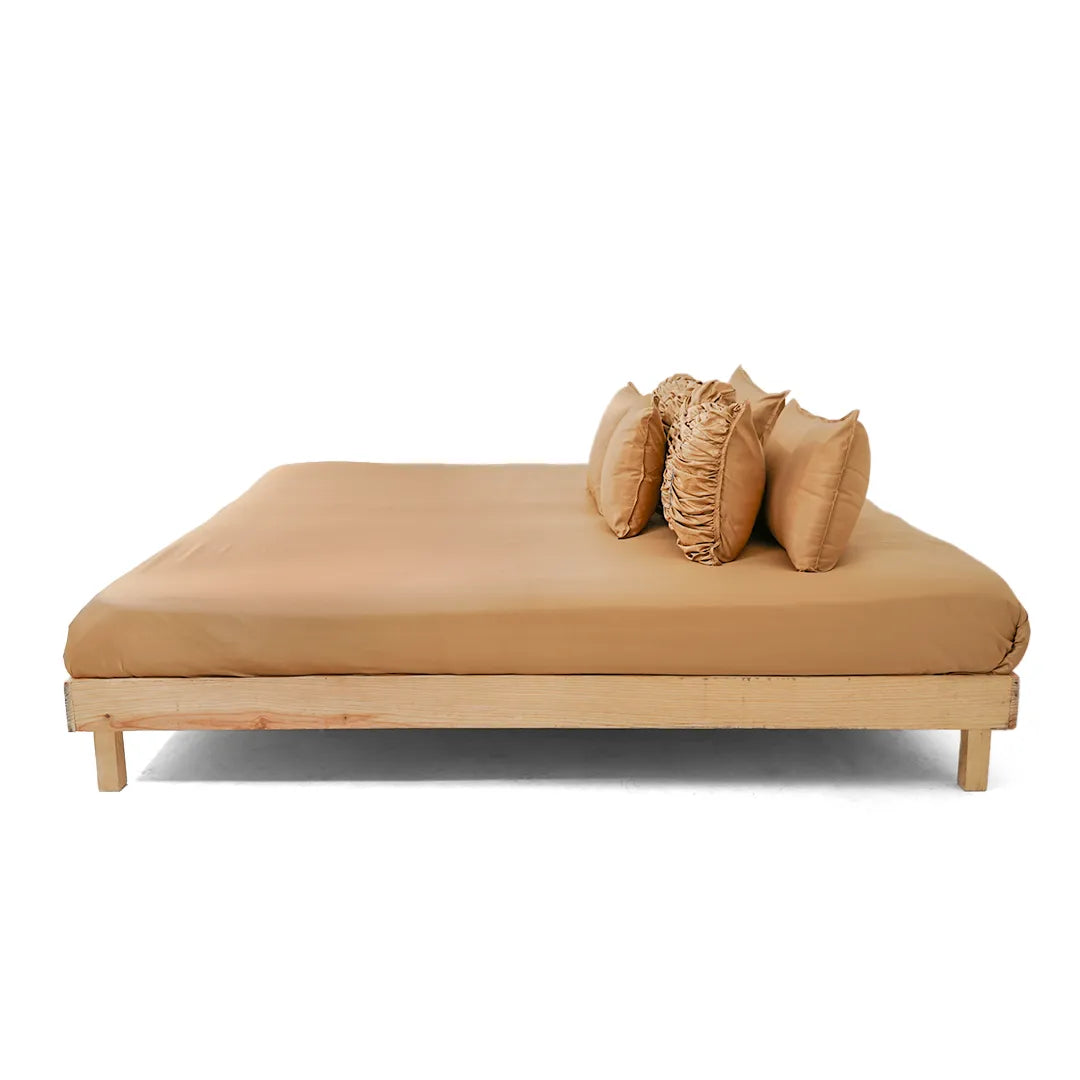 ZARF Italian Staple Weave Bedsheet For Single Size Bed With 2 Designer Pillow Cases, 2 Solid Pillowcases & 2 Cushion Covers - Butterscotch