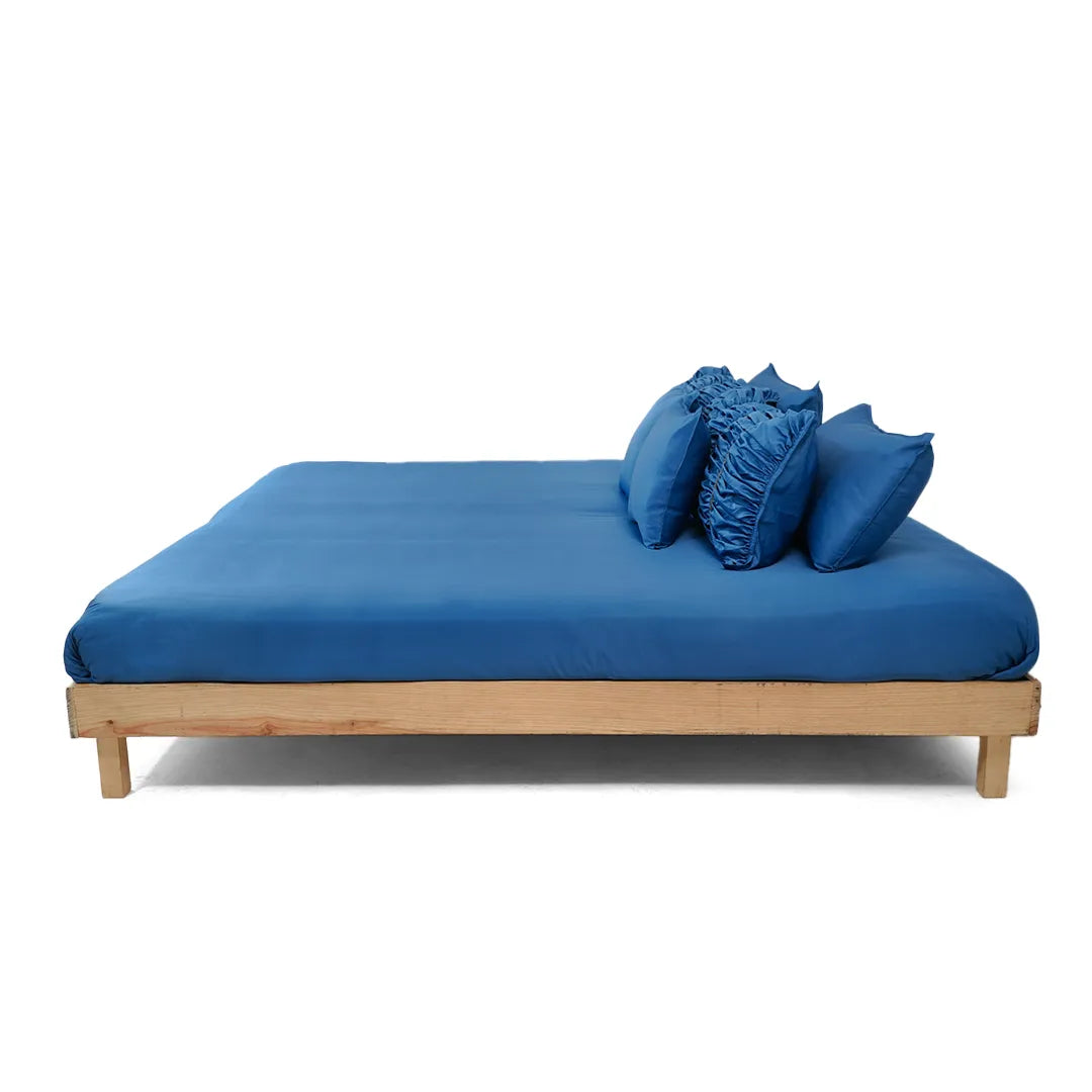 ZARF Italian Staple Weave Bedsheet For Single Size Bed With 2 Designer Pillow Cases, 2 Solid Pillowcases & 2 Cushion Covers - Indigo