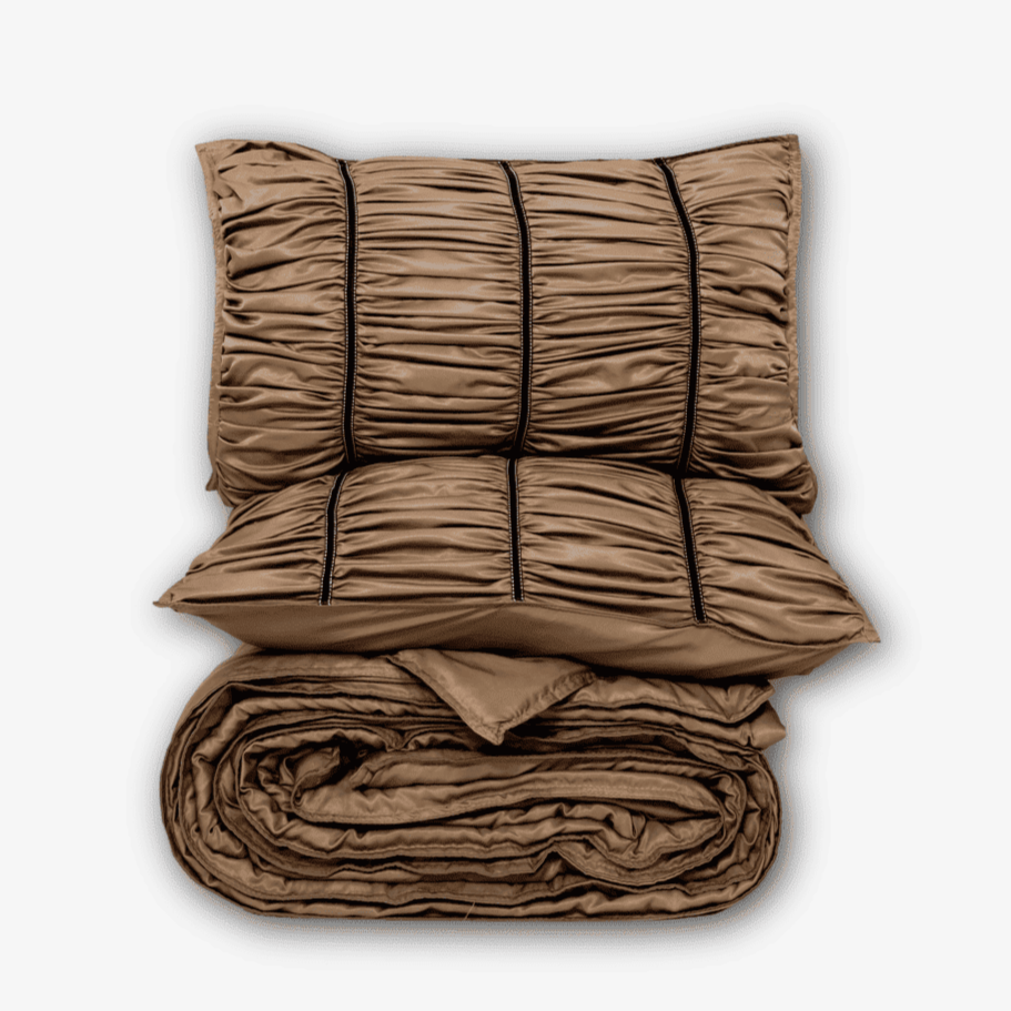 ZARF Italian Staple Weave Comforter With 2 Designer Pillow Cases, 2 Solid Pillowcases & 2 Cushion Covers - Caramel