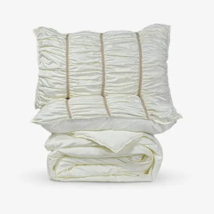 ZARF Italian Staple Weave Bedsheet For Single Size Bed With 2 Designer Pillow Cases, 2 Solid Pillowcases & 2 Cushion Covers - Porcelain