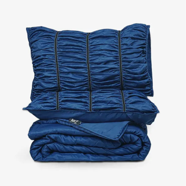 ZARF Italian Staple Weave Bedsheet For Single Size Bed With 2 Designer Pillow Cases, 2 Solid Pillowcases & 2 Cushion Covers - Indigo
