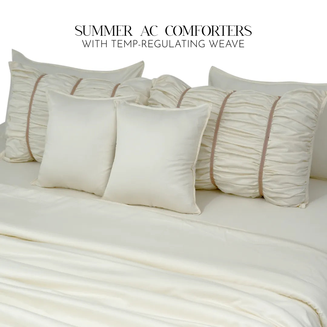 ZARF Italian Staple Weave Comforter For Single Size Bed With 2 Designer Pillow Cases, 2 Solid Pillowcases & 2 Cushion Covers - Porcelain