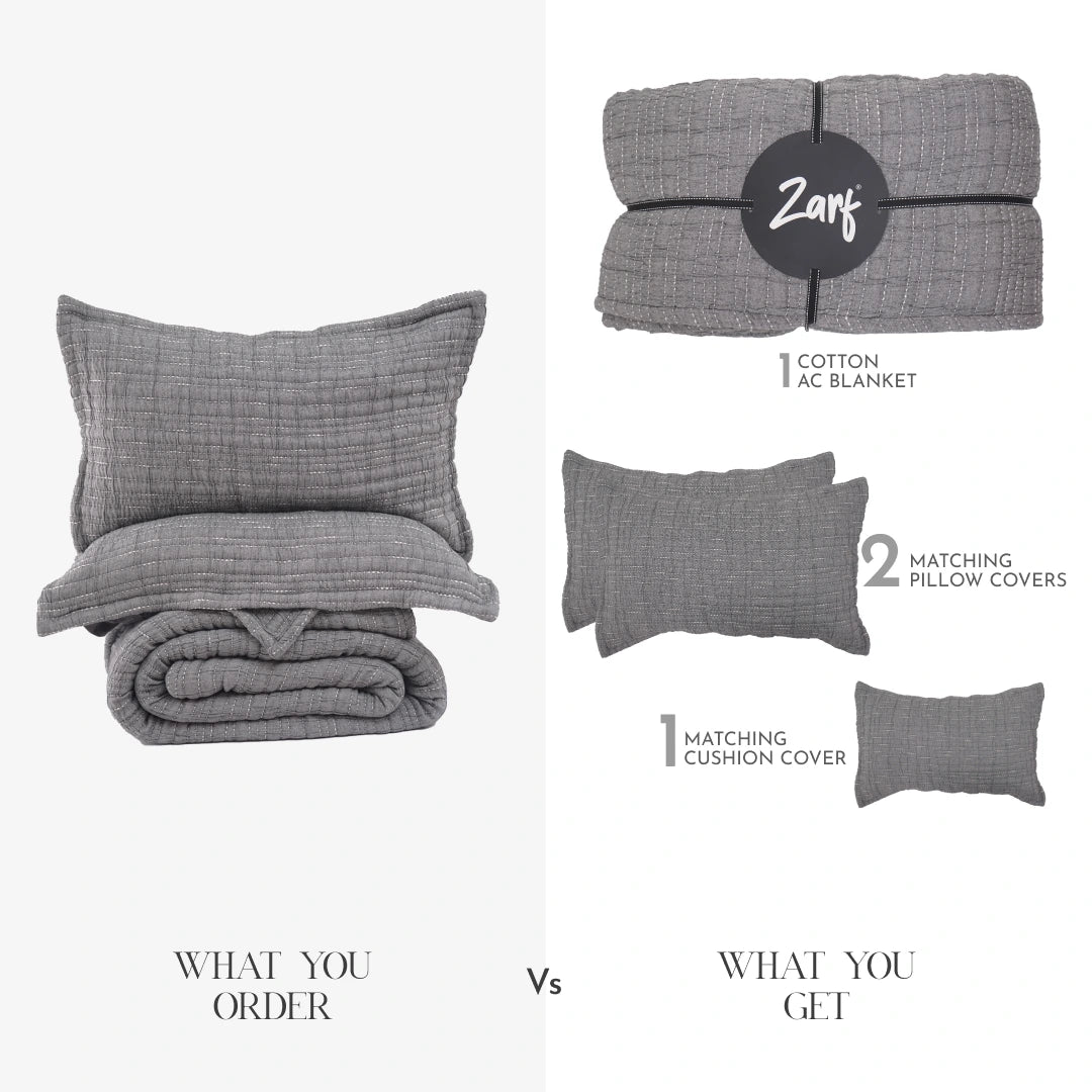 Zarf King Size Pure Cotton Cottage Blanket with 2 Pillowcases and 1 Cushion Cover - Greyling