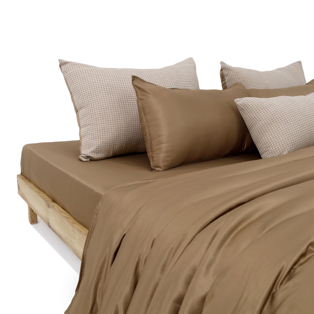 ZARF Italian Staple Weave Comforter With 2 Designer Pillow Cases 1 Breakfast Cushion Cover -Clay