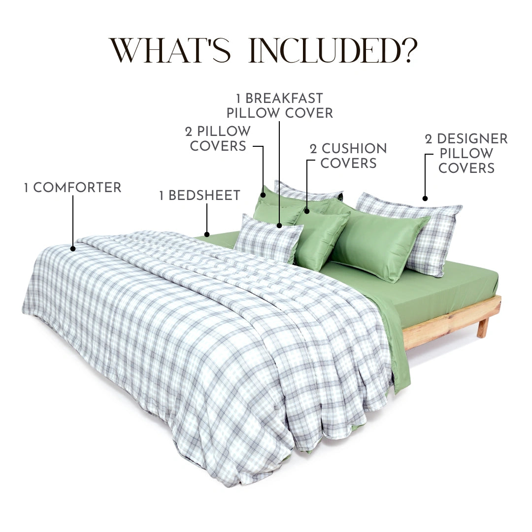 Zarf AC Comforter Bedding Set Of 9 For Single Size Bed - Thyme