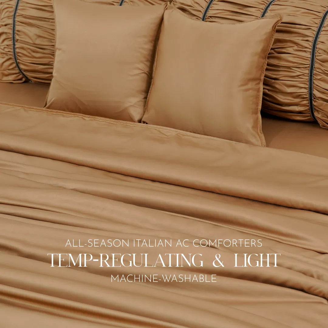 ZARF Italian Staple Weave Comforter With 2 Designer Pillow Cases, 2 Solid Pillowcases & 2 Cushion Covers - Butterscotch