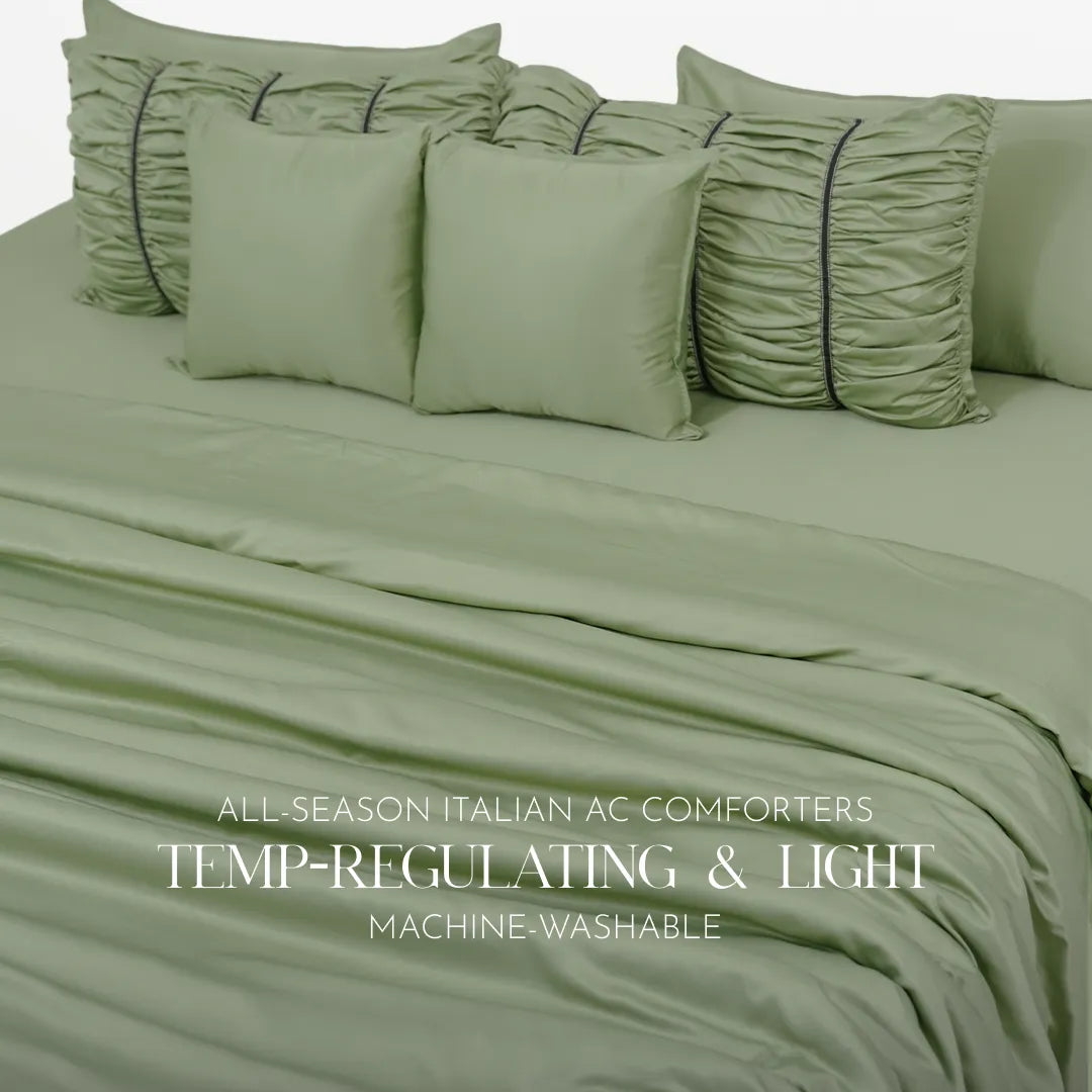 ZARF Italian Staple Weave Comforter With 2 Designer Pillow Cases, 2 Solid Pillowcases & 2 Cushion Covers - Pine