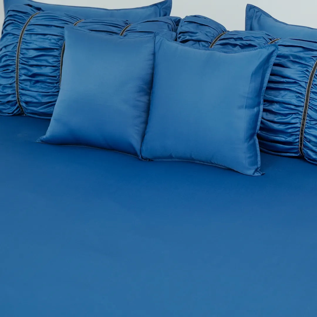 ZARF Italian Staple Weave Bedsheet With 2 Designer Pillow Cases, 2 Solid Pillowcases & 2 Cushion Covers - Indigo