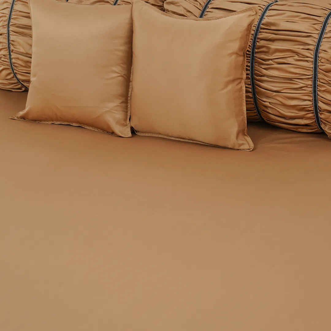 ZARF Italian Staple Weave Bedsheet With 2 Designer Pillow Cases, 2 Solid Pillowcases & 2 Cushion Covers - Butterscotch