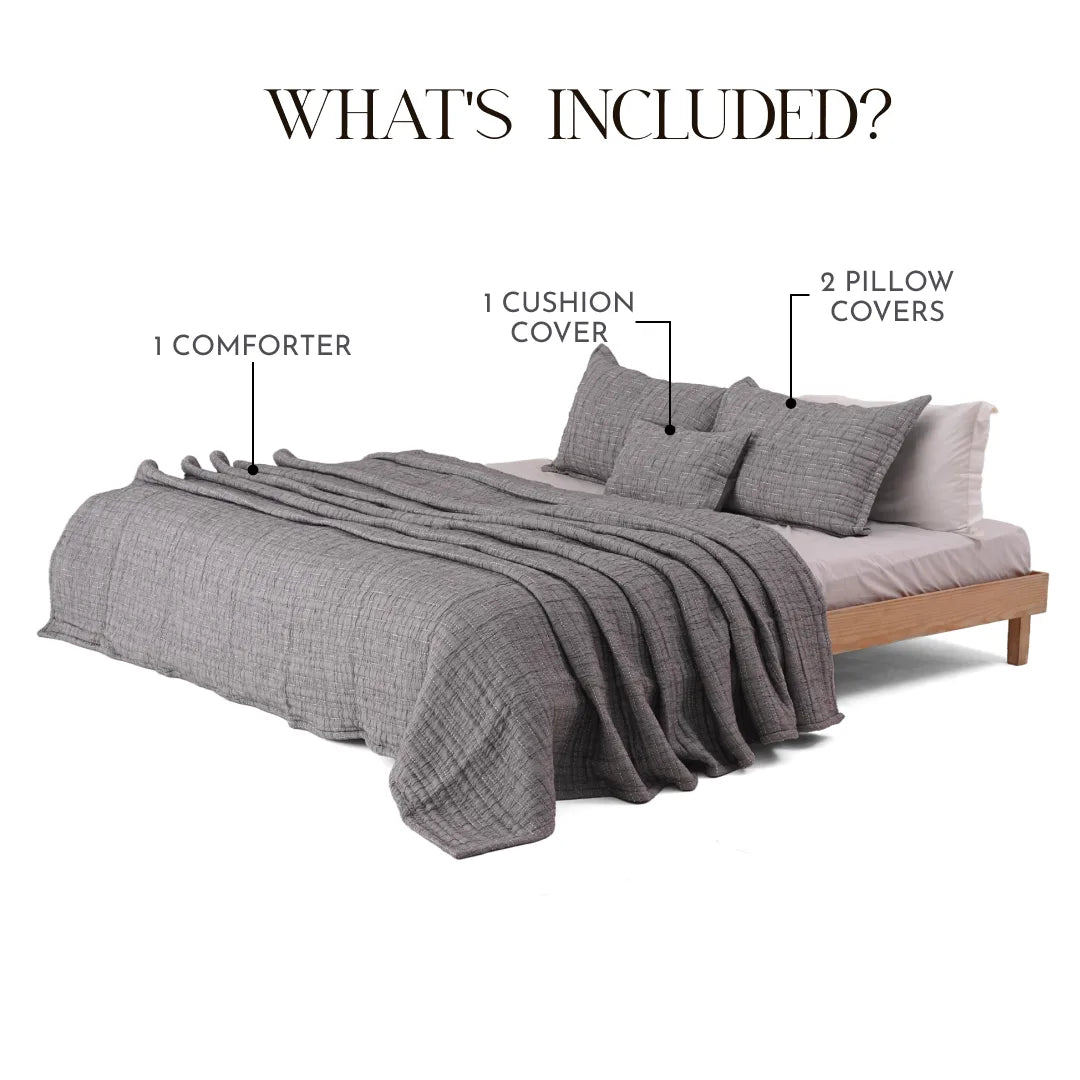 Zarf King Size Pure Cotton Cottage Comforter with 2 Pillowcases and 1 Cushion Cover - Greyling