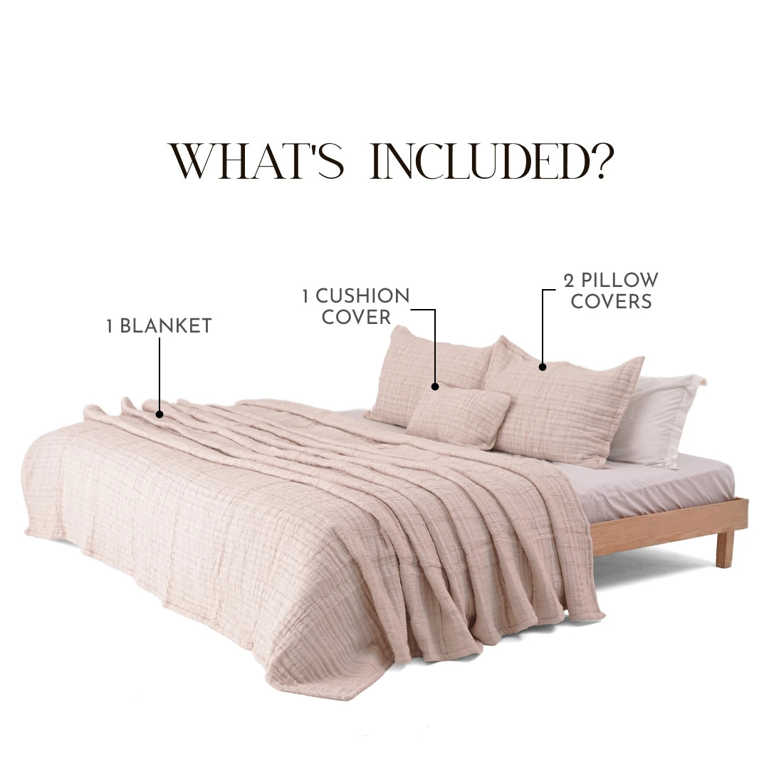 Zarf King Size Pure Cotton Cottage Blanket with 2 Pillowcases and 1 Cushion Cover - Opal Rose