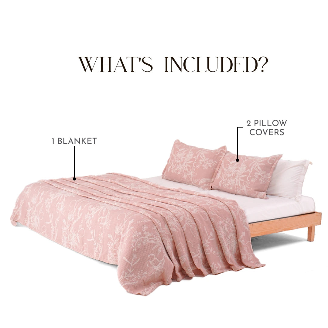 Zarf King Size Pure Cotton Cottage Blanket with 2 Pillowcases - Candyfloss