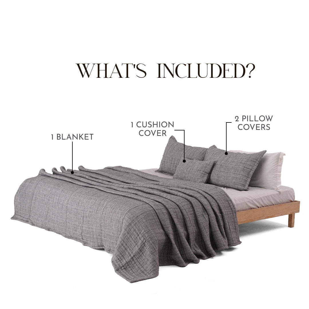 Zarf King Size Pure Cotton Cottage Blanket with 2 Pillowcases and 1 Cushion Cover - Greyling