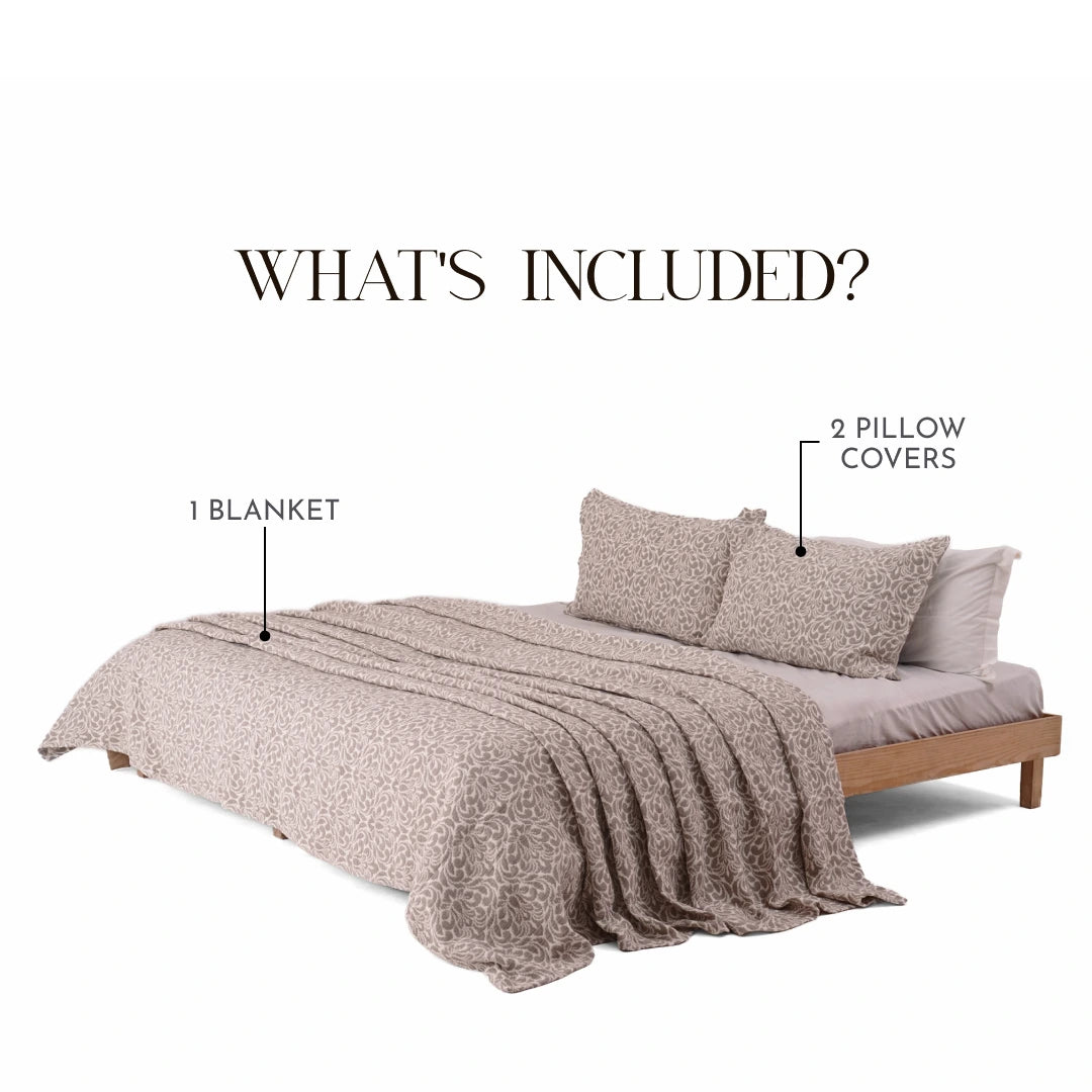Zarf King Size Pure Cotton Cottage Blanket with 2 Pillowcases - Oatshade