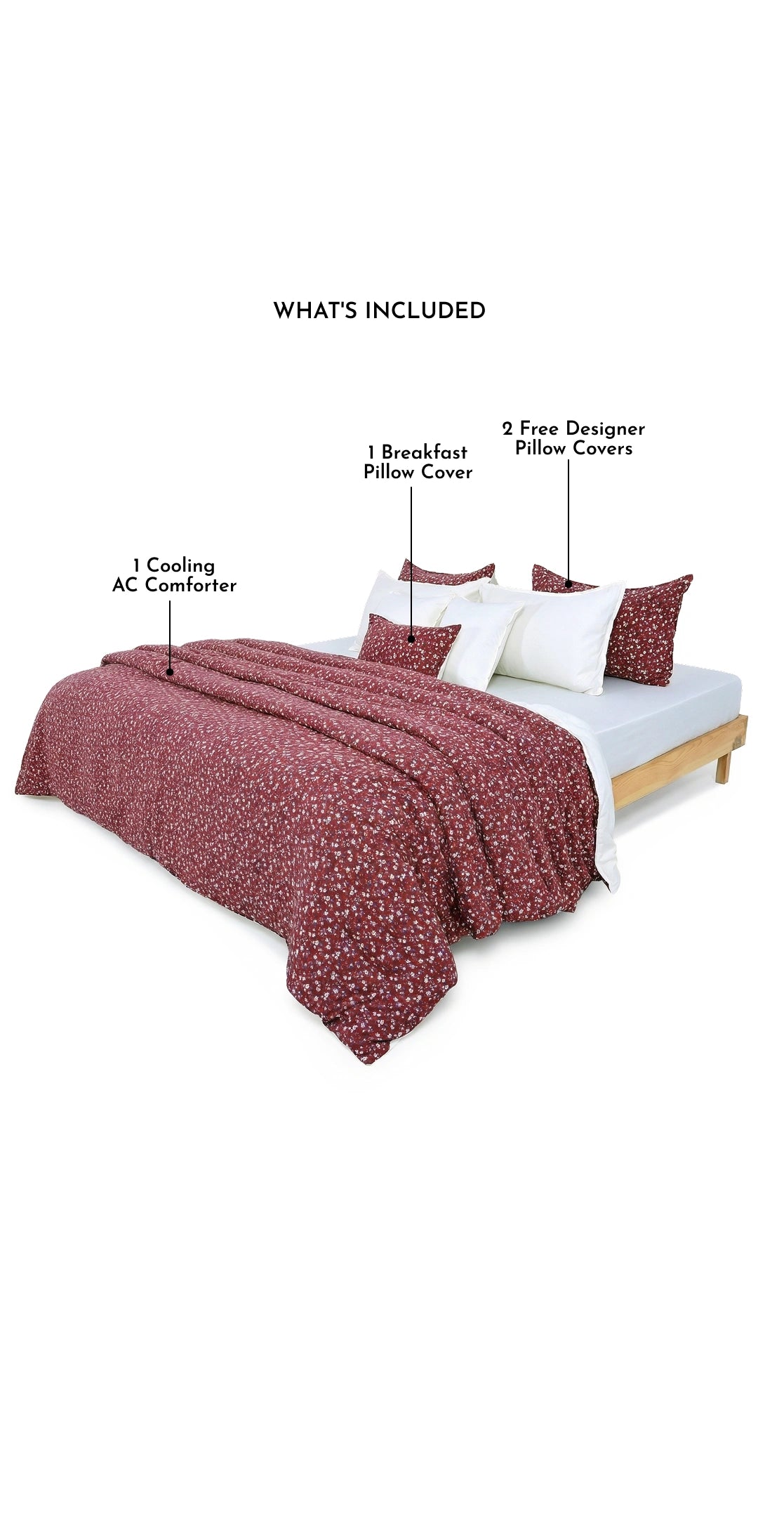 Linen Blend AC Comforter With 2 Pillow Cases and 1 Breakfast Pillow - Scarlet
