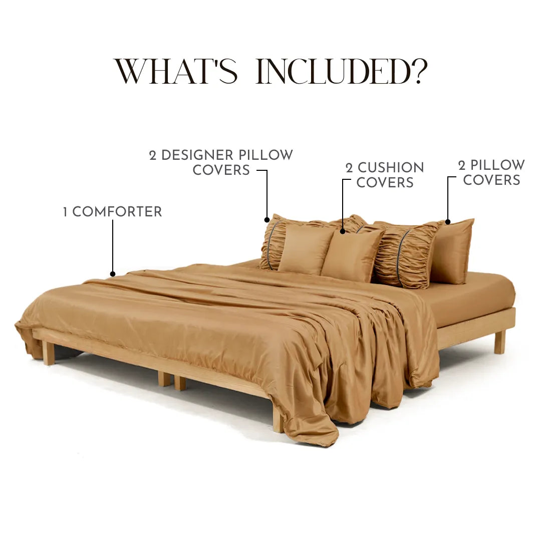 ZARF Italian Staple Weave Comforter With 2 Designer Pillow Cases, 2 Solid Pillowcases & 2 Cushion Covers - Butterscotch