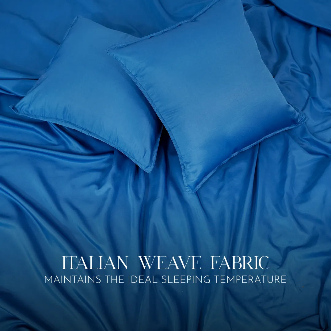 ZARF Italian Staple Weave Bedsheet For Single Size Bed With 2 Designer Pillow Cases, 2 Solid Pillowcases & 2 Cushion Covers - Indigo