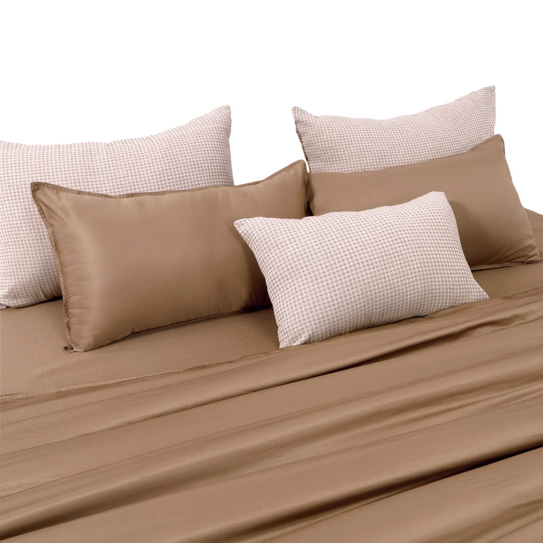 ZARF Italian Staple Weave Comforter With 2 Designer Pillow Cases 1 Breakfast Cushion Cover -Clay