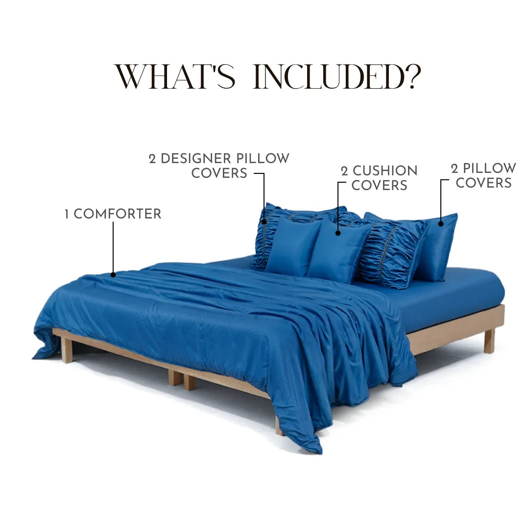 ZARF Italian Staple Weave Comforter With 2 Designer Pillow Cases, 2 Solid Pillowcases & 2 Cushion Covers - Indigo