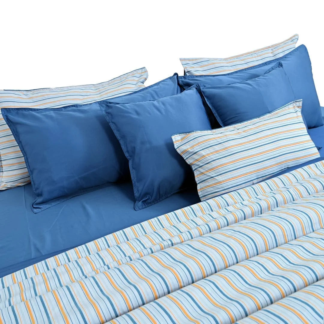 Zarf Linen Blend Bedding Set Of 9 For Single Size Bed - Mariner