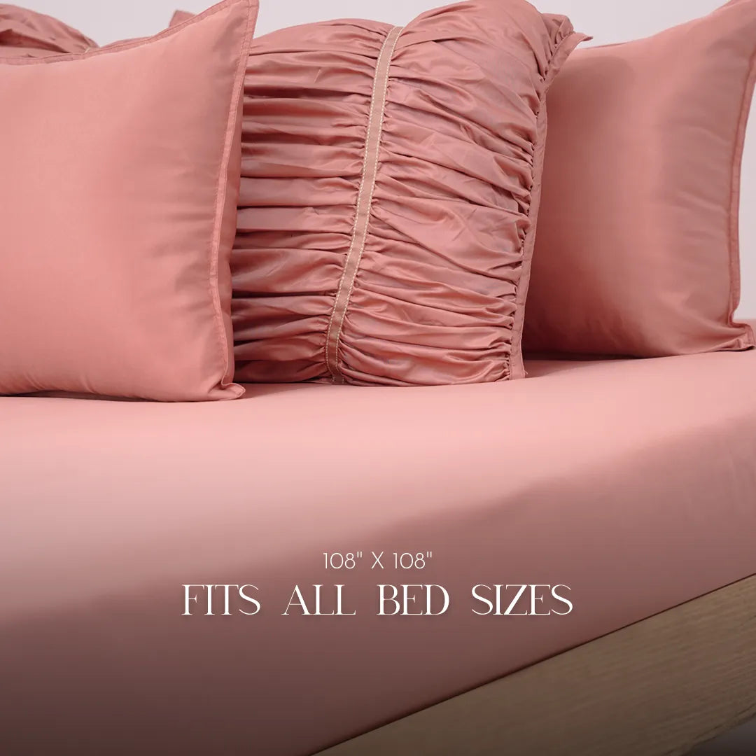 ZARF Italian Staple Weave Bedsheet With 2 Designer Pillow Cases, 2 Solid Pillowcases & 2 Cushion Covers - Orchid