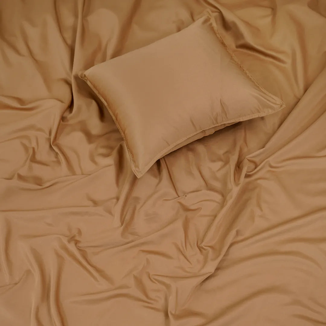 ZARF Italian Staple Weave Bedsheet With 2 Designer Pillow Cases, 2 Solid Pillowcases & 2 Cushion Covers - Butterscotch